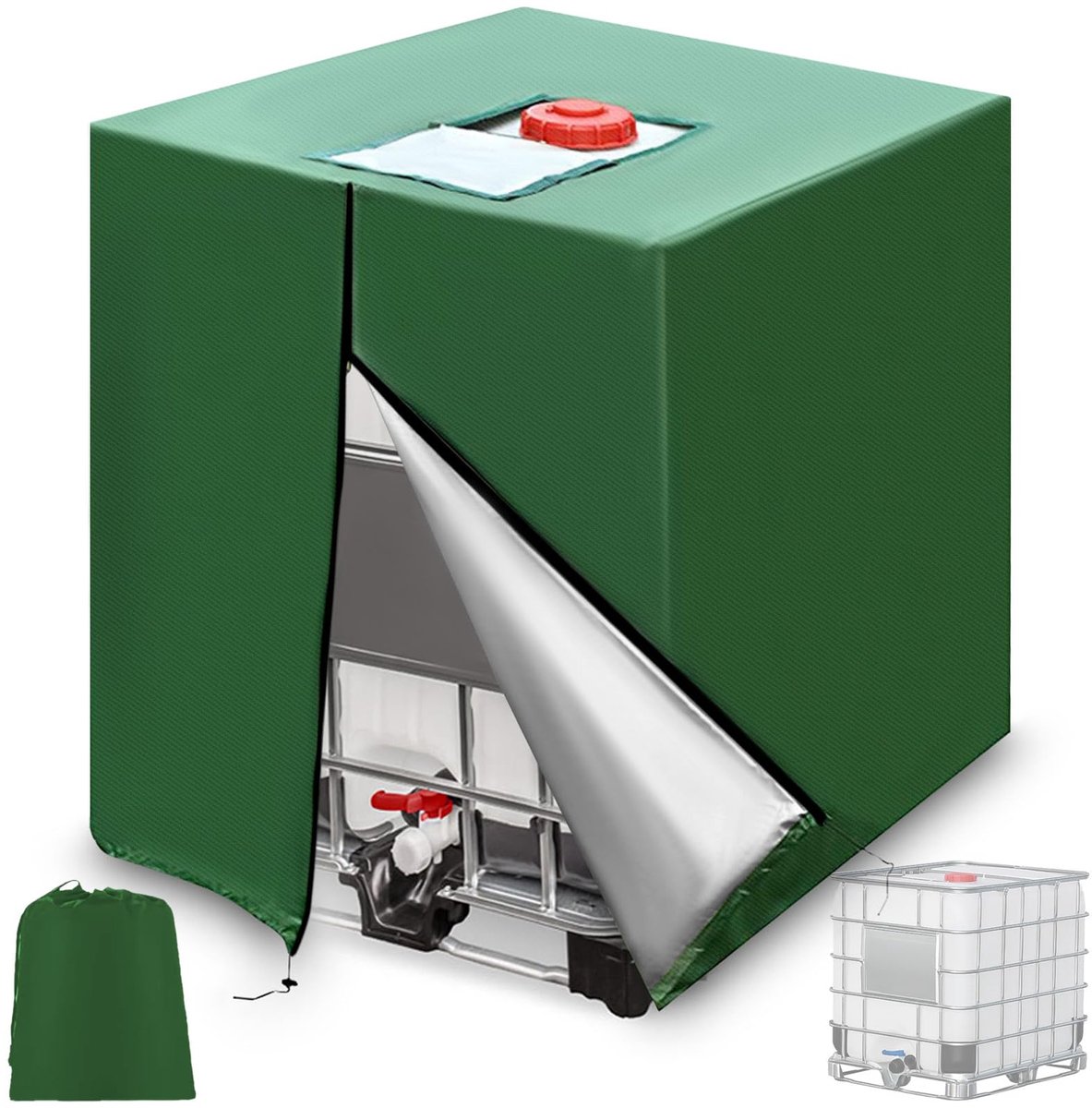 120 x 100 x 116 cm, IBC tankafdekking, 1000 liter, afdekzeil met ritssluiting, 210D regenton beschermzeil, anti-uv-beschermafdekking, accessoires voor IBC-tankcontainer, regenwatertank (groen