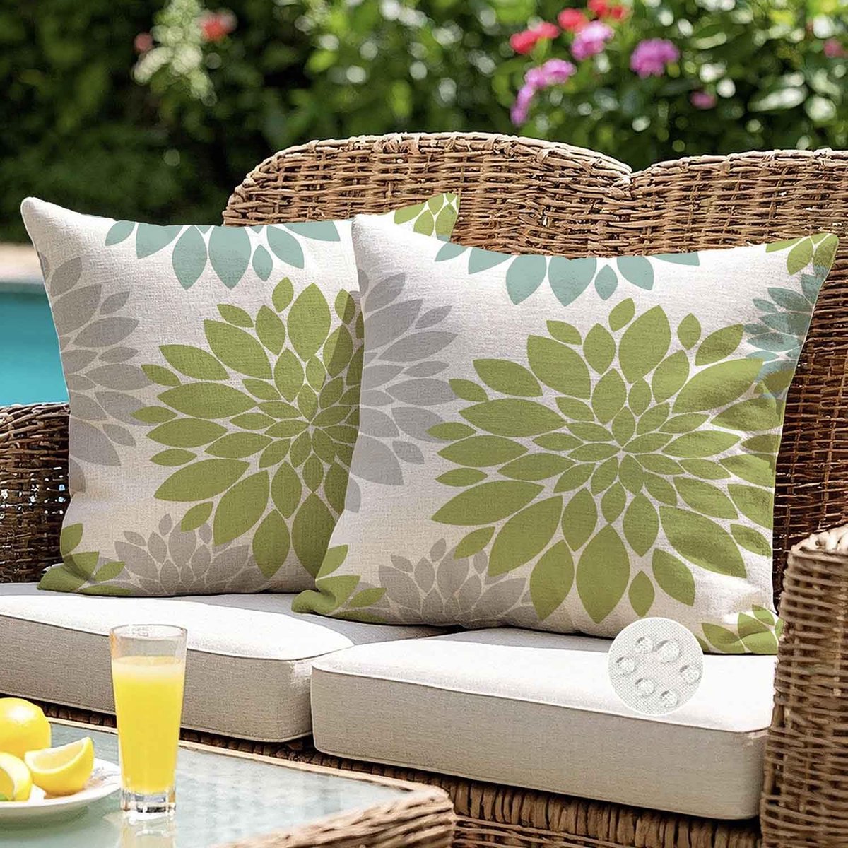Kussenhoezen voor bank, buiten, waterdicht, 50 x 50 cm, saliegroen, abstract, dahlia, lente, vierkant, modern, decoratief, voor bank, tuin, slaapkamer, set van 2