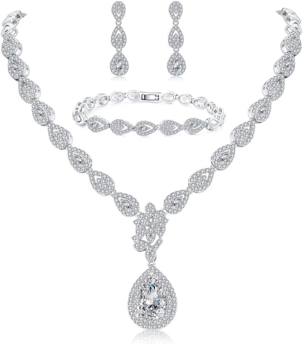 Sieradenset met traan, halsketting en oorbellen, hangend en armbandset, zilver/roségoud/goud, bruid, dames, sieradenset met AAAAA witte zirkonia in verloving voor bruid, liefhebbers en vrouwen