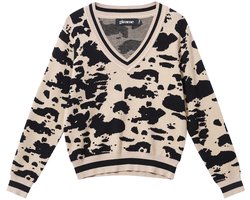 Comfortabele Gebreide Dames Trui met V-Hals en Luipaardprint - Kaki - Maat S/M