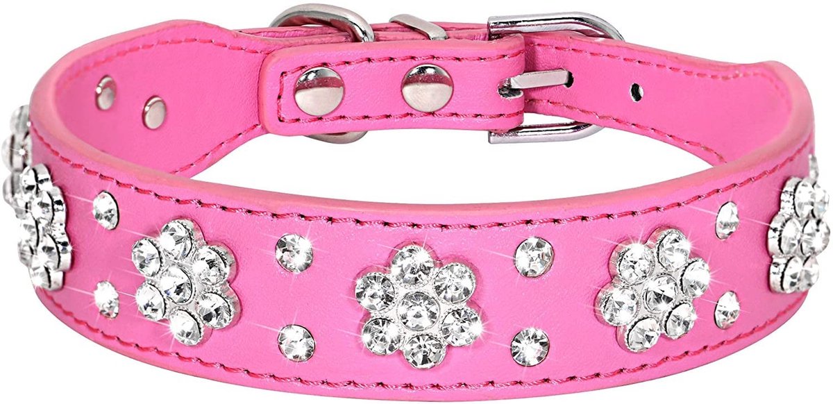 Dailygoods- Halsband Bling - Verstelbaar - Faux Leer - Kristallen Strass - Maat L - Breedte 2,5 cm - Totale lengte 43 cm - Hondenkraag