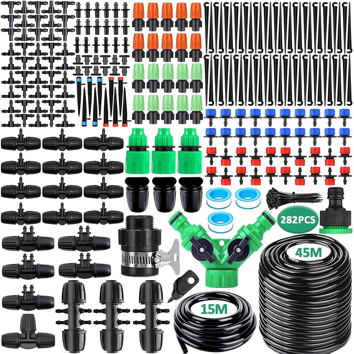 281-delig irrigatiesysteem, 45M + 15M micro-automatische irrigatieset voor kassen, druppelirrigatiesysteem voor tuin, kas en planten