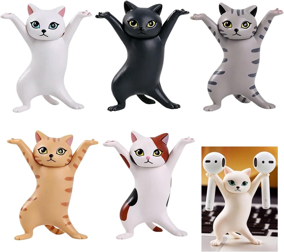 Grappige dansende kattenfiguren - Set van 5 schattige decoraties voor bureau, boekenkast en aquarium