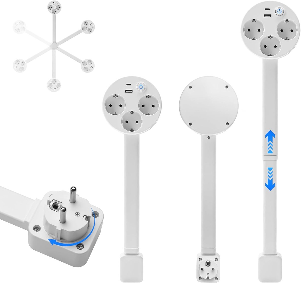 Stekkerdoos - Uitschuifbare 45-67 cm - Draaibare Stekkerdoos 360° met 3 Stopcontacten, USB-A en USB-C - Verdeelstekker en Stopcontact Splitter met Schakelaar - Ruimtebesparend voor Bureau, Kantoor en Woonkamer