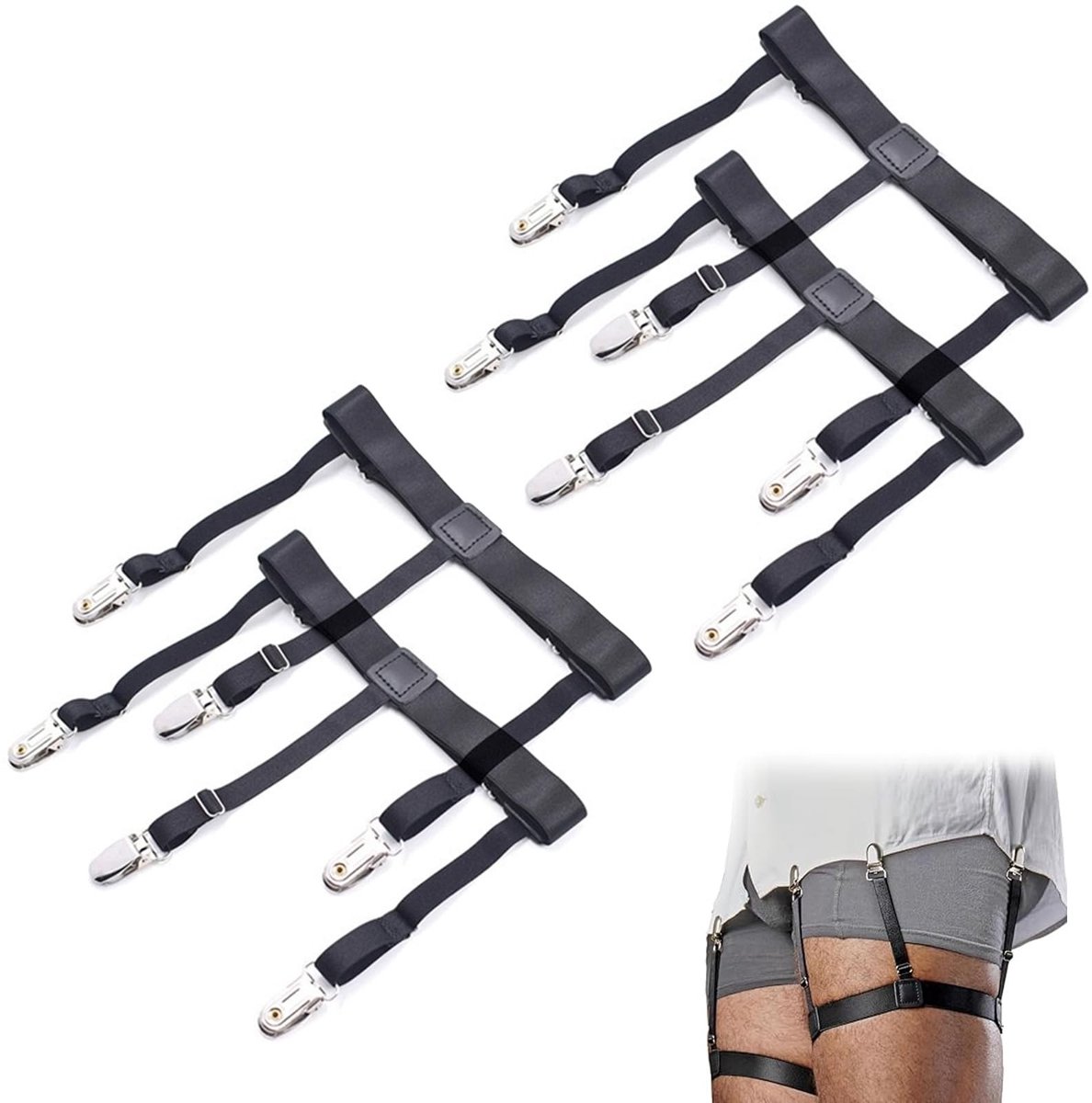 Dailygoods - 2 paar overhemdhouders voor heren, elastische overhemdhouders met antislip klemmen, verstelbare kousenband voor werk, winkel, bruiloft (zwart), zwart, Eén maat