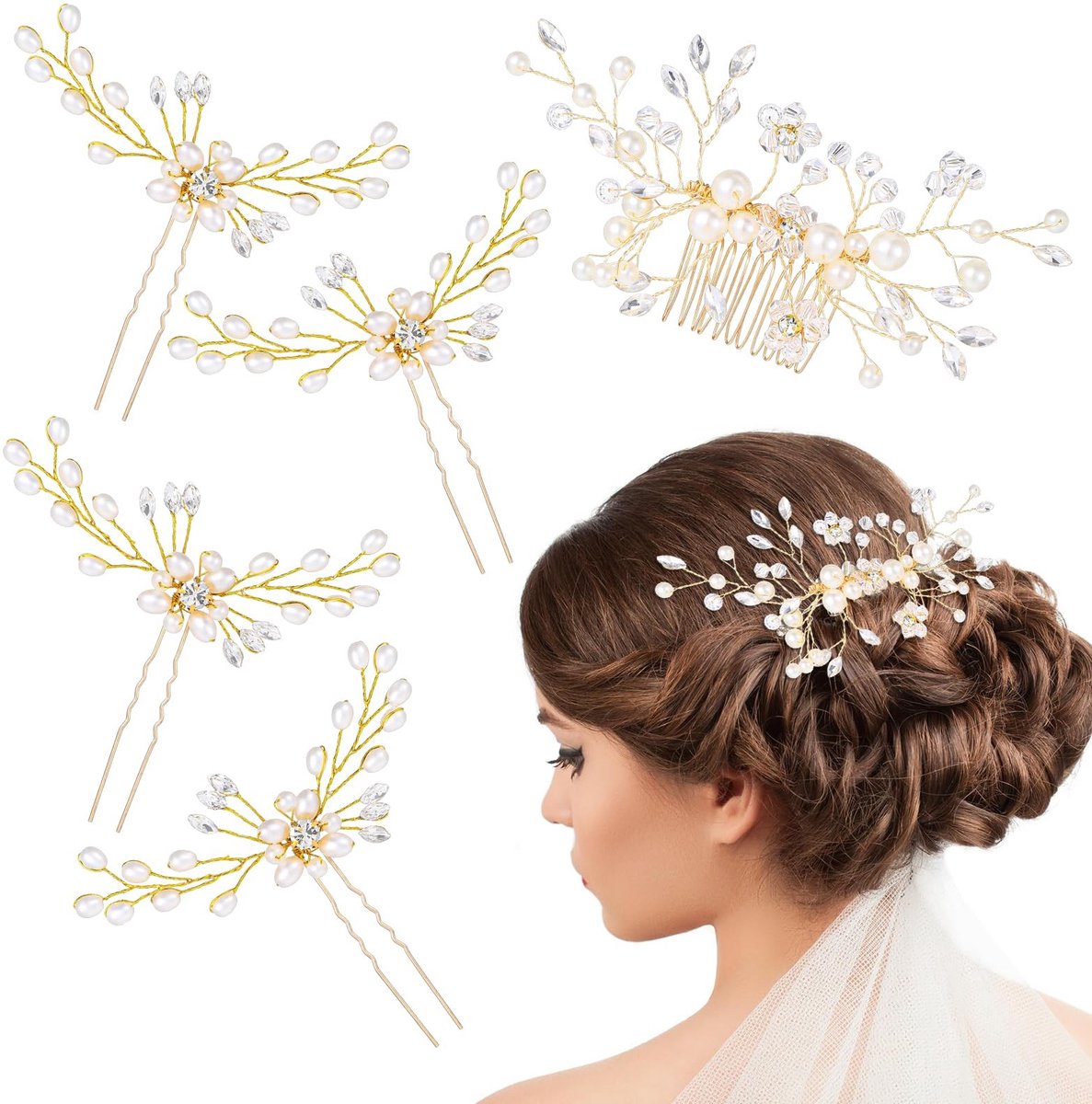 Dailygoods- Haarkam handgemaakt - Haarsieraad bruid - Haaraccessoires met strass/parels - Gouden haarkam - Flexibel en robuust - Perfect voor bruiloften