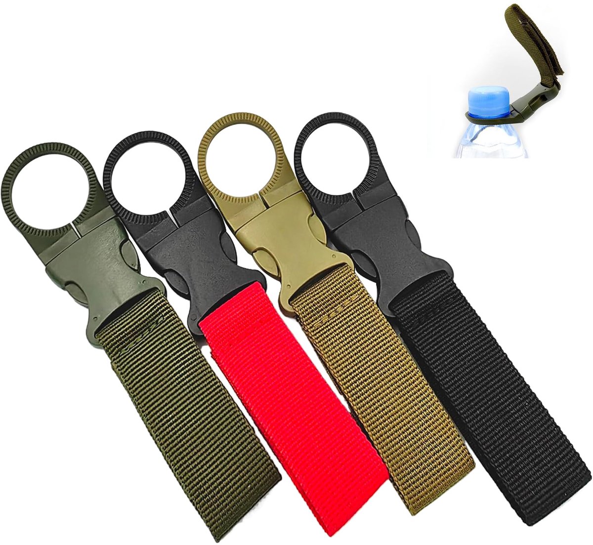 4 stuks waterflessen gesphouder, nylon riem karabijnhaak flessenhouder set, kleurrijke waterfles gesp clip, draagbare mineraalwater flessenclips voor zomer camping wandelen vissen