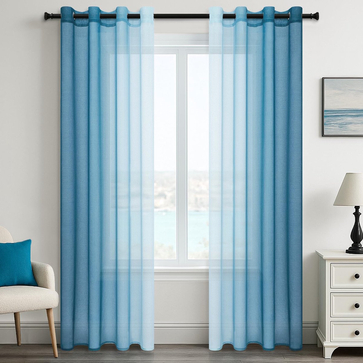 Gordijnen voile met ingestanste ringen, woonkamer, modern, set van 2 stuks, kleurverloop, groenblauw, gordijn met inslagringen, 240 cm lang, 140 cm breed, doorzichtig, voor slaapkamer en
