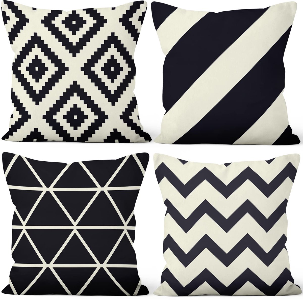 Kussenslopen Set van 4, zwart-wit geometrie kussenhoezen minimalistische streep zachte korte pluche vierkante kussensloop voor bank bank slaapkamer auto stoel woondecoratie 50 x 50 cm