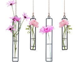 Vaas,Tianher 4 Stuks Zwart Glazen Plantenvaas voor aan de Muur Smeedijzeren Reageerbuis Geschikt voor Wanddecoratievazen voor Kleine Droogbloemen en Groene Hydrocultuurplanten