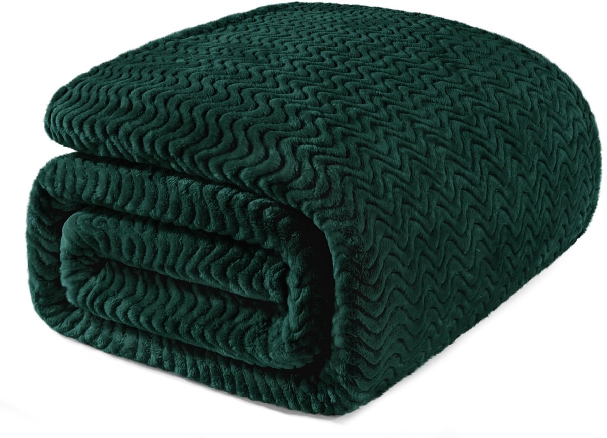 Mezcla Dubbele grootte Jacquard Weave Wave Patroon Flanel Fleece Fluwelen Pluche Bed Deken als Sprei/Coverlet/Bed Cover (230x168cm, Forest Green) - Zacht, Lichtgewicht, Warm en Gezellig