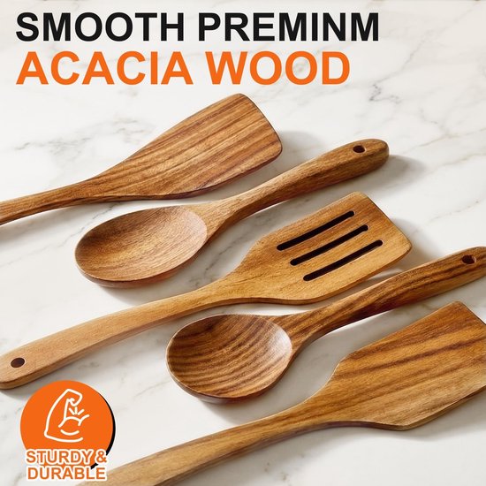 5 Stks Beste Houten Lepels Voor Koken Keukengerei Set Acacia Hout Koken Spatel Turner Niet Giftig Gebruiksvoorwerp Slotted Serveerlepel Platte Spatels Set Houten Gebruiksvoorwerp Mengen Koken Lepel — afbeelding 5