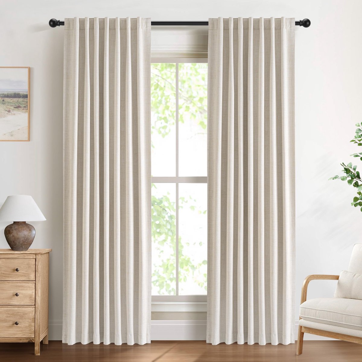 100% Verduisterend met Ringen, Subtiele Linnentextuur - Set van 2 - H225 x B140 cm - Inkijkbescherming met Lussen voor Slaapkamer of Woonkamer, Crème