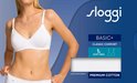 Wit Sloggi Basic+ beha met klassiek comfort op een model, met 'PREMIUM COTTON' tekst.