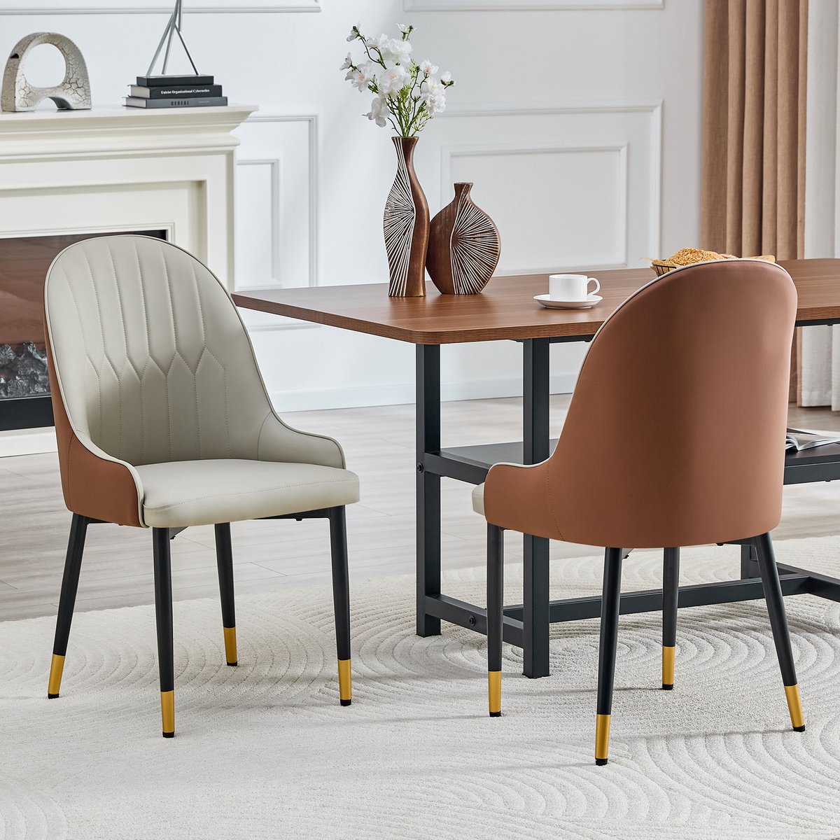 HAUSS SPOLE Eetkamerstoel - Set Van 2 - Met Armleuningen En Gestikte Bliksemrug - Voor Eetkamer En Keuken - Kunstleer Warmgrijs En Bruin