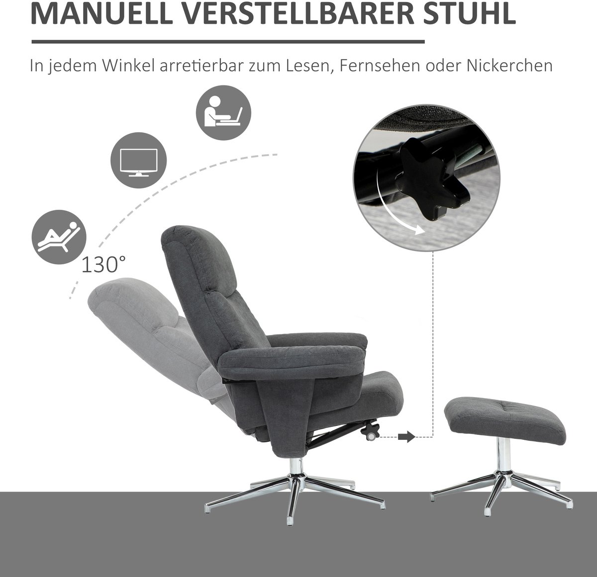 HAUSS SPOLE Relaxfauteuil Met Hocker - Handmatig Verstelbare Rugleuning Tot 130 Graden - Voor Woonkamer En Slaapkamer - Stof Donkergrijs