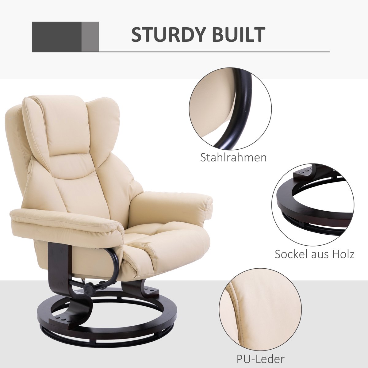 HAUSS SPOLE Relaxfauteuil Met Hocker Draaibaar Verstelbare Rugleuning Kunstleer Crème Voor Woonkamer En Slaapkamer Cream White