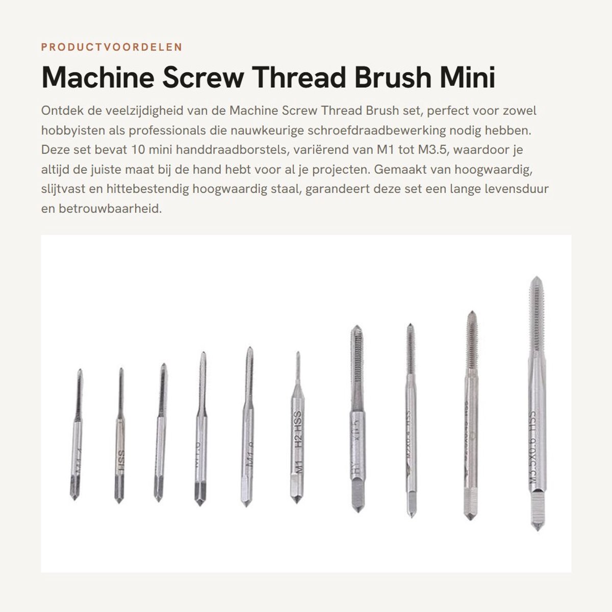 Dailygoods- Schroefdraadborstel - 10 Stuks - Mini Handschroefdraadborstel - Metrisch Schroefdraad M1/M1.2/M1.4/M1.6/M1.7/M1.8/M2/M2.5/M3/M3.5 - Slijtvast en Hittebestendig - Duurzaam en Sterk - Draadboren
