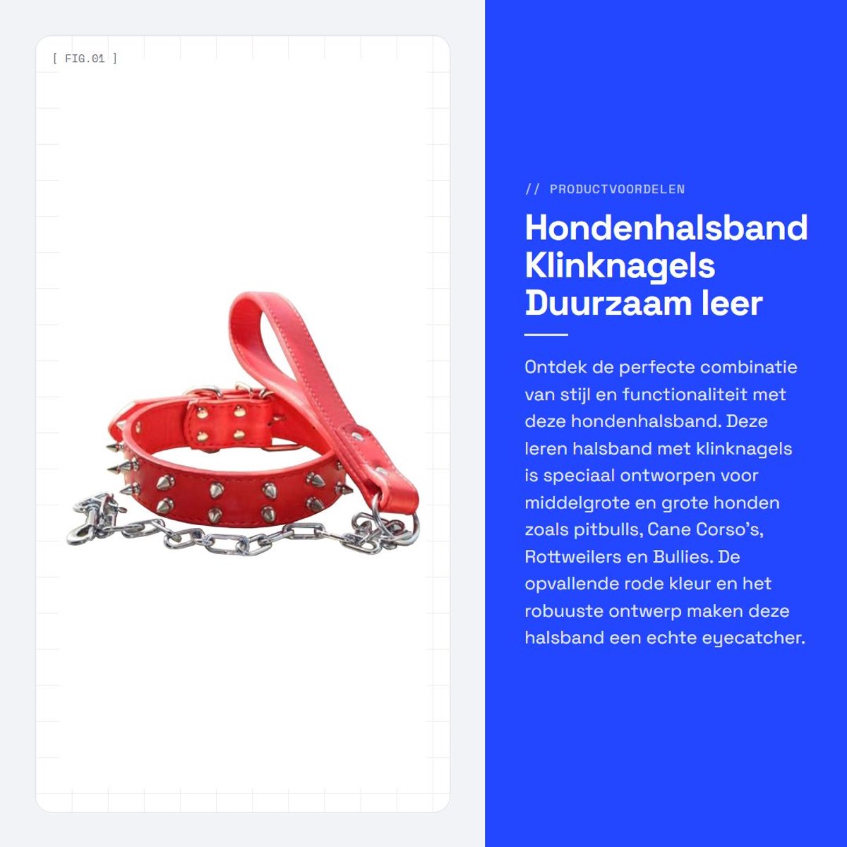 Dailygoods- Hondenhalsband met klinknagels - Leren Halsband - Hondenriem - Maat L - Duurzaam PU-leer - 5 instelgaten - Totale lengte 56 cm