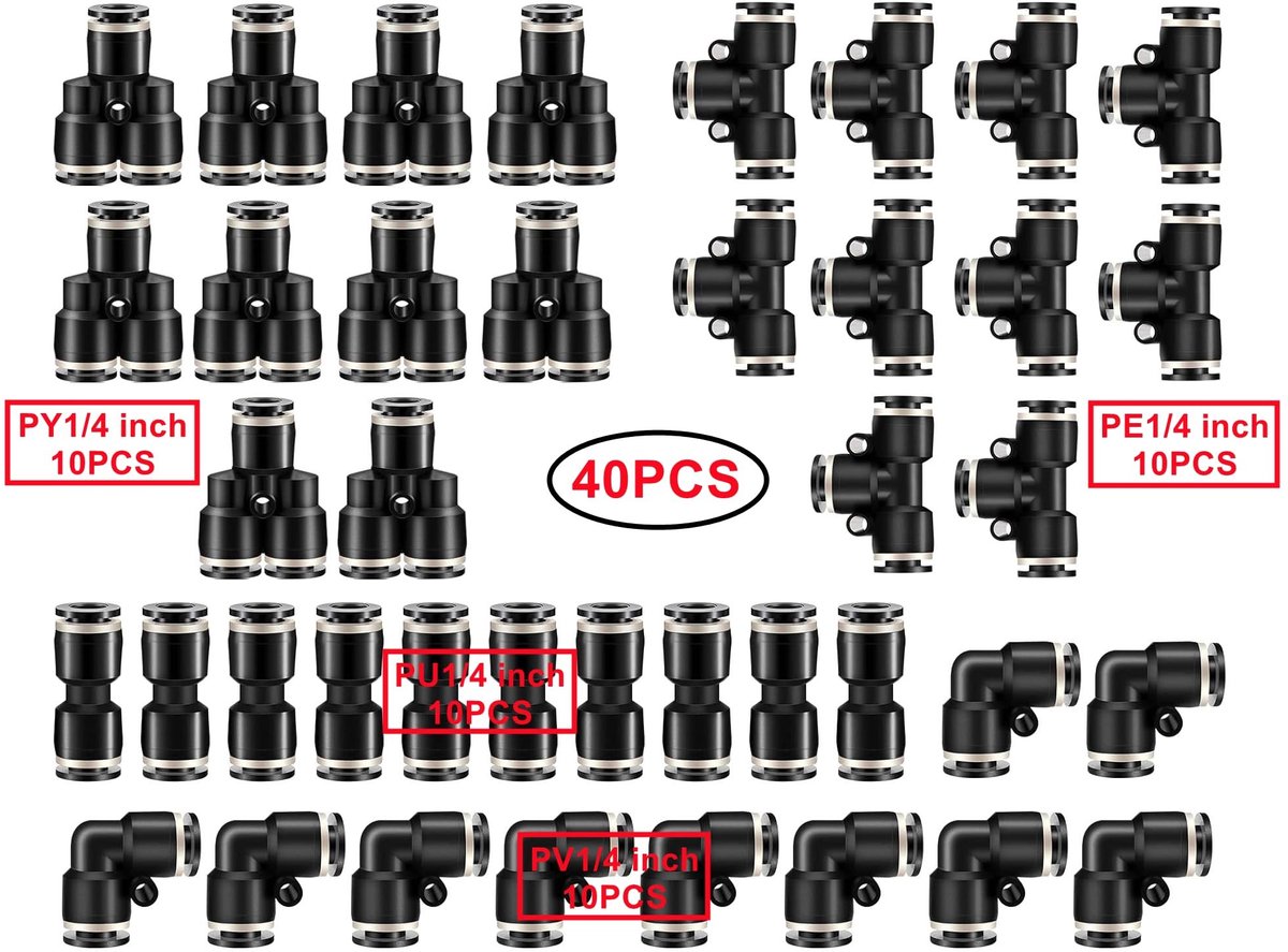 Dailygoods- Pneumatische Fittingen 40 Stuks - Push to Connect - T-vorm/Elleboog/Y-tak/Recht - Eenvoudige Installatie - Goede Afdichting - Sterk Kunststof - Luchtfittingen