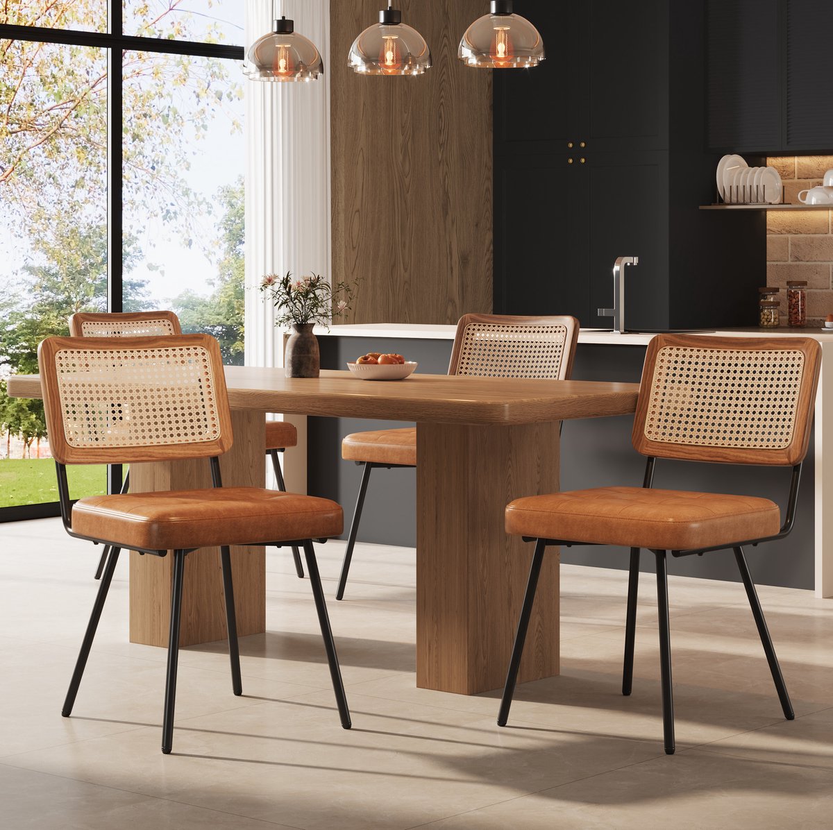 DESMIU Eetkamerstoel 61 x 46 x 79 cm - Set Van 4 Met PE-Rotan Rugleuning En Kunstleren Zitting - Voor Eetkamer En Woonkamer - Metaal Bruin