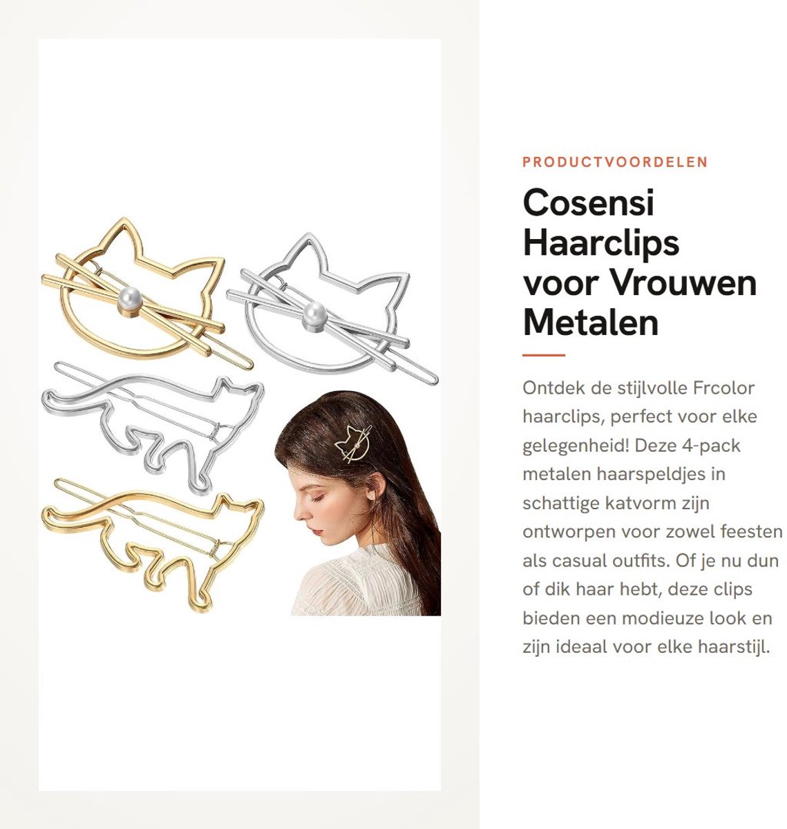 Dailygoods- Haarclips 4 Stuks - Kattenvormige Haarspeldjes - Duurzaam Materiaal - Voor Dun/Dik Haar - Modieuze Look - Geschikt voor Feest/Casual - Haarklemmen