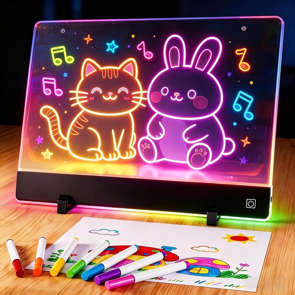 Tekentablet - LED Tekenbord - 35x25 cm - USB Voeding Vereist (Stekker) - 7 Statische + 6 Dynamische Lichtmodi - Neon Art Dry Erase Bord - Met Standaard - Perfect voor Verjaardagscadeaus, Halloween en Kerstmis