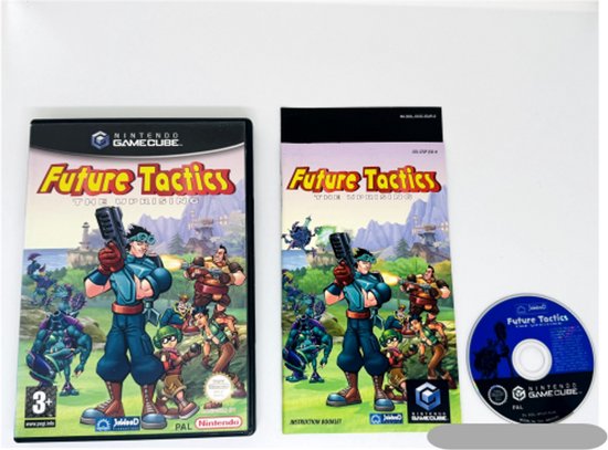 De gamebox van Future Tactics bevat een handleiding en een disc. De cover toont diverse futuristische personages in een levendige, cartoonachtige stijl.