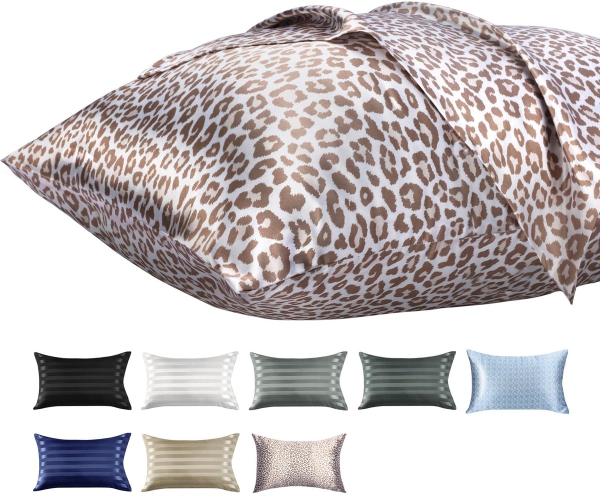 Set van 2 Satin Kussenhoezen 40x60cm met Rits, Crème Leopard