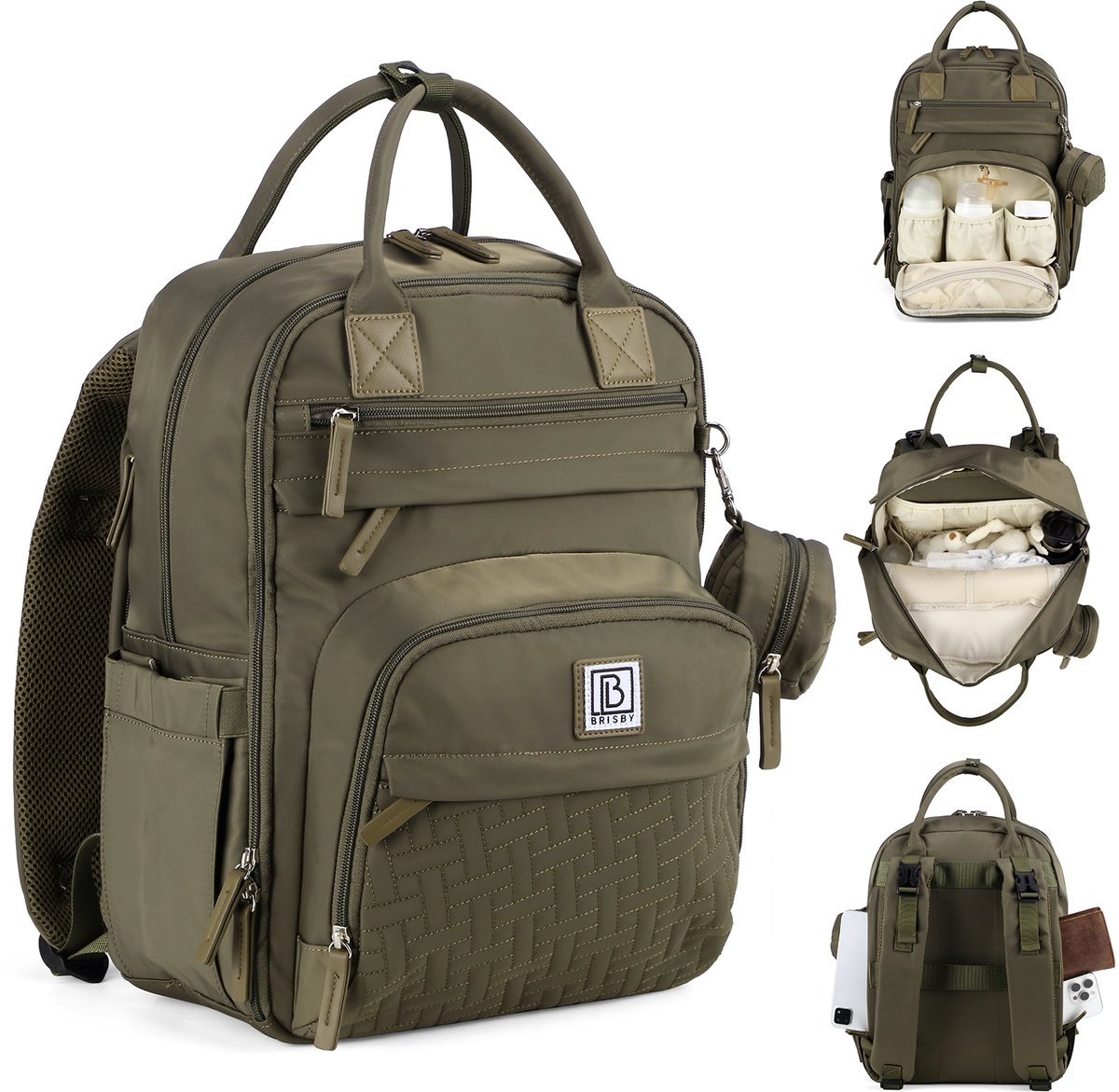 Brisby Premium Luiertas – Uitgebreide en Functionele Verzorgingstas – met buggymontage – Anti Diefstal Vakken - Reistrolley Sleeve - Inclusief verschoonmatje t.w.v.15,99 euro en speenhouder - Levenslange Garantie -Olive Green