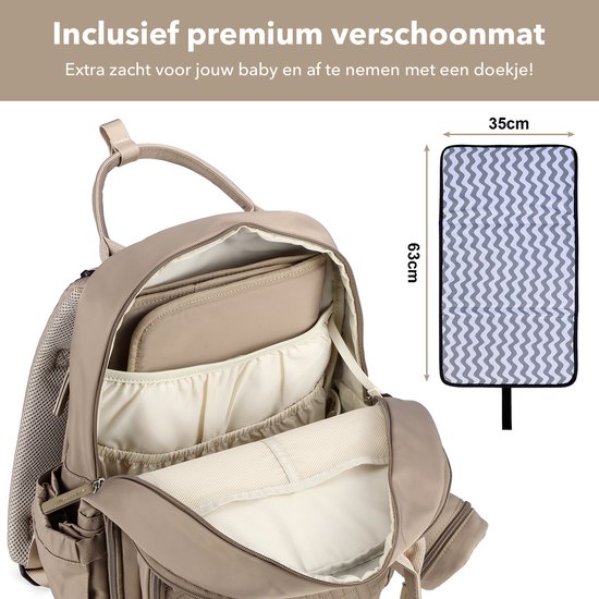 Brisby Premium Luiertas – Uitgebreide en Functionele Verzorgingstas – met buggymontage – Anti Diefstal Vakken - Reistrolley Sleeve - Inclusief verschoonmatje t.w.v.15,99 euro en speenhouder - Levenslange Garantie - Natural Greige — afbeelding 2