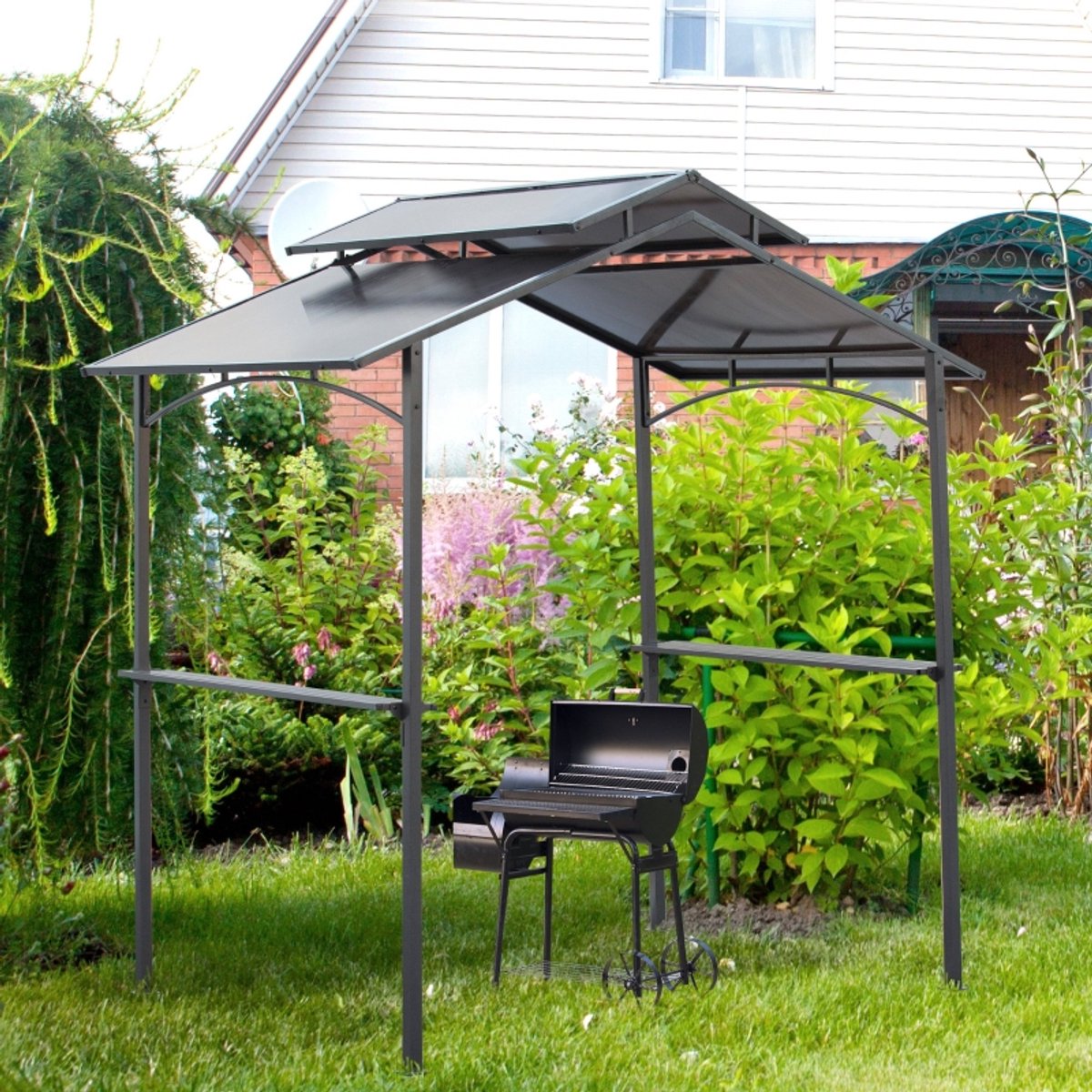 COVREO Barbecue overkapping 240x150x250 cm zwart bruin staal, met zijplanken