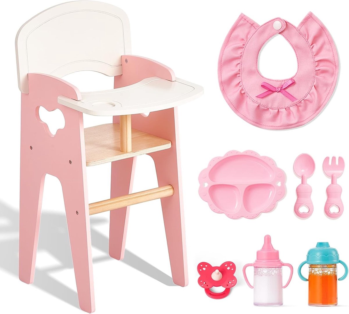 Houten Poppenstoel 2-in-1 met Krukje in Roze, Inclusief 6 Accessoires | Creatief Speelgoed voor Kinderen vanaf 3 Jaar