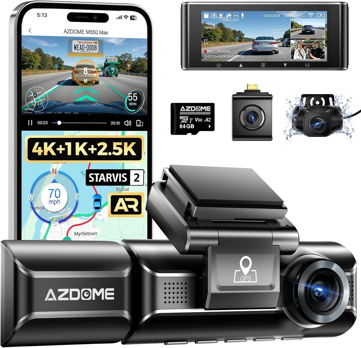 Dashcam voor auto - Zwart - 3,19 inch IPS-scherm - 4K+1080P+2.5K Resolutie - Met WiFi, GPS en Nachtzicht