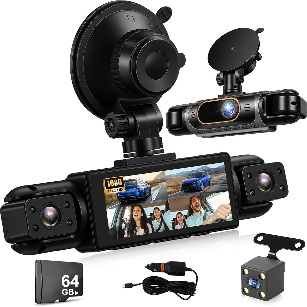 Dashcam voor auto - Zwart - 3,16 inch IPS-scherm - 4 Kamera's 1080p HD Groothoek - 24-uurs Bewaking en Achteruitrijfunctie