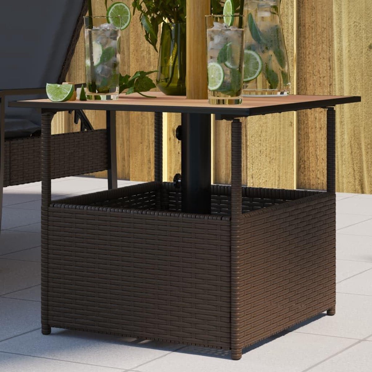 Tuintafel met gat - Buitentafel polyrotan - Buiten ontspannen - Acaciahouten blad - 55 x 55 x 46.5 cm - Bruin