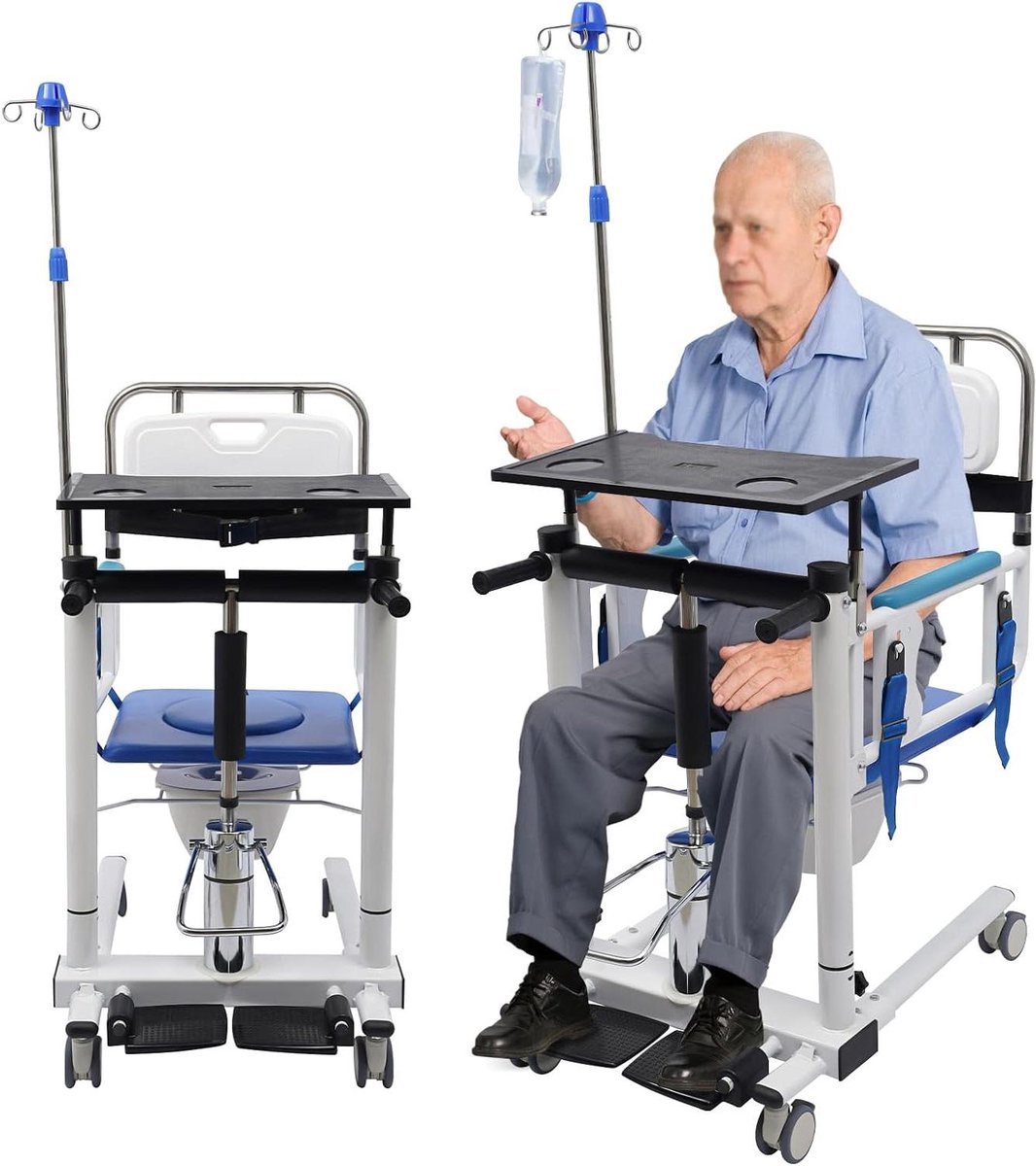 Hydraulische patiëntenlifter - Transferstoel Rolstoel - Hulp bij mobiliteit - Met eettafelblad - Tot 120 kg - Wit Blauw Zwart