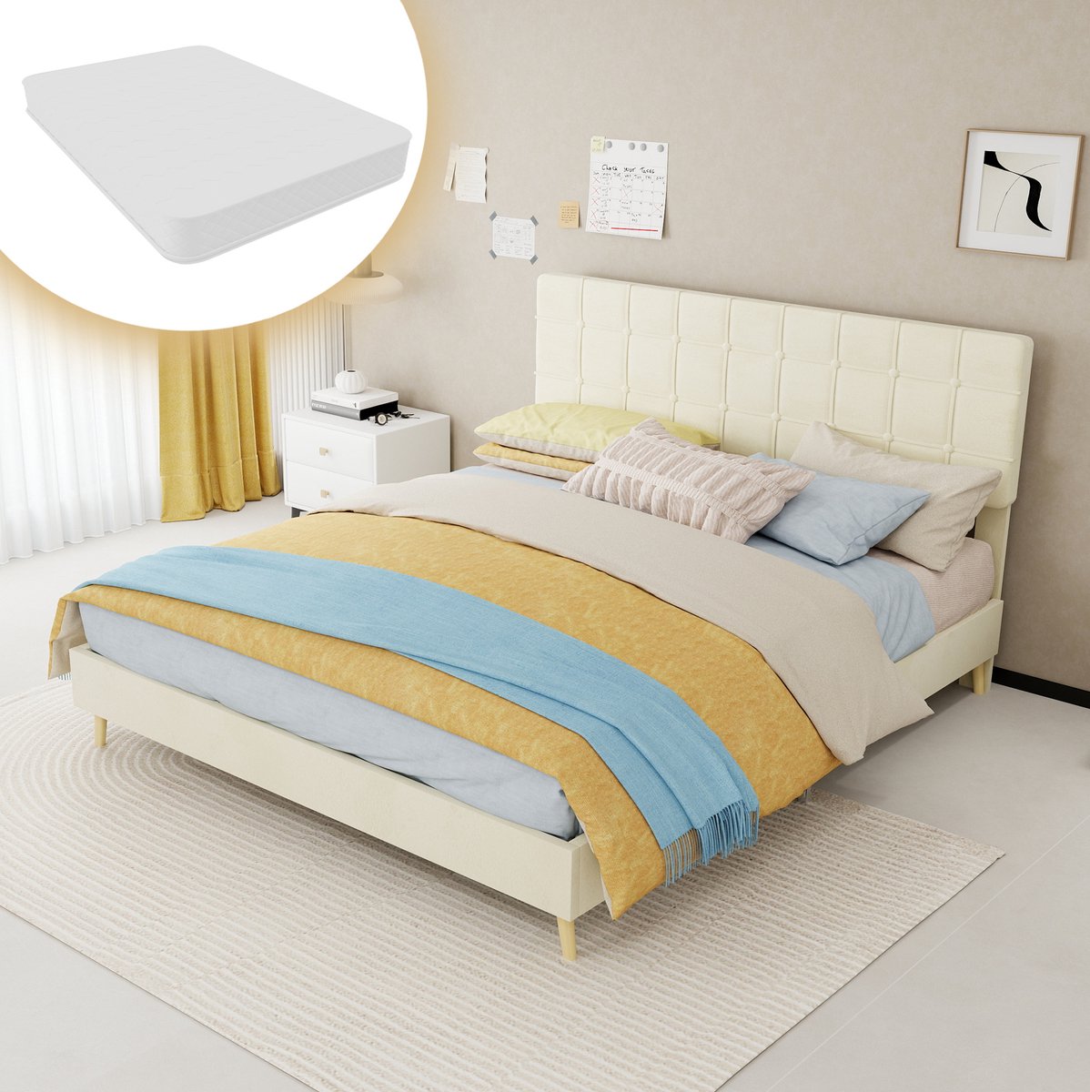 COVREO Bedframe 160x200 cm beige stof, gestoffeerd hoofdbord, matras incl.