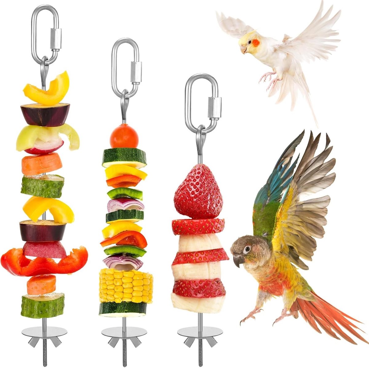 3 Stuks RVS Vogelspies - Voederhouder voor Papegaaien en Parkieten - Fruit en Groente Accessoire voor Vogels