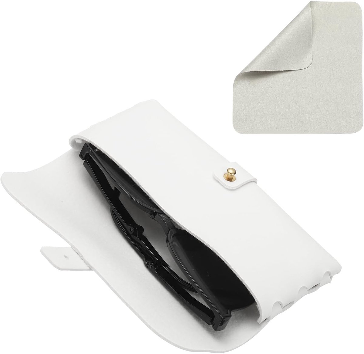Draagbare leren brillenkoker met riem en reinigingsdoek, ideaal voor zonnebrillen en brillen, wit 16,8 x 2,8 x 7,6 cm