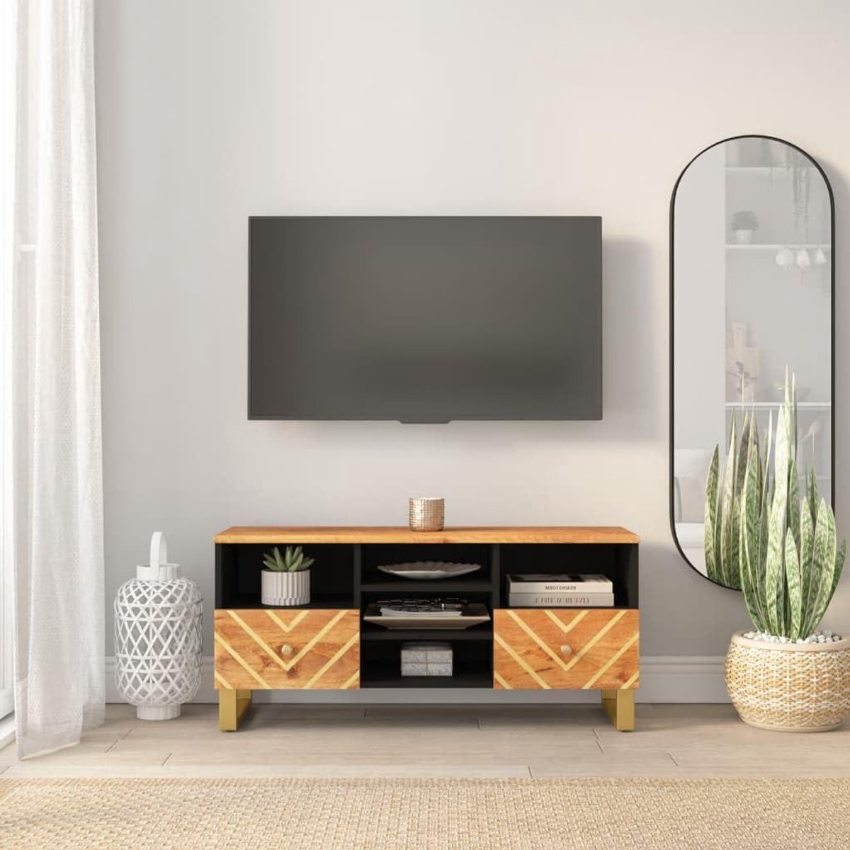 Tv-kast Massief Hout - Mediameubel Dressoir - Woonkamer Opbergen - Natuurlijke Nerf - 100x335x46 cm - Bruin