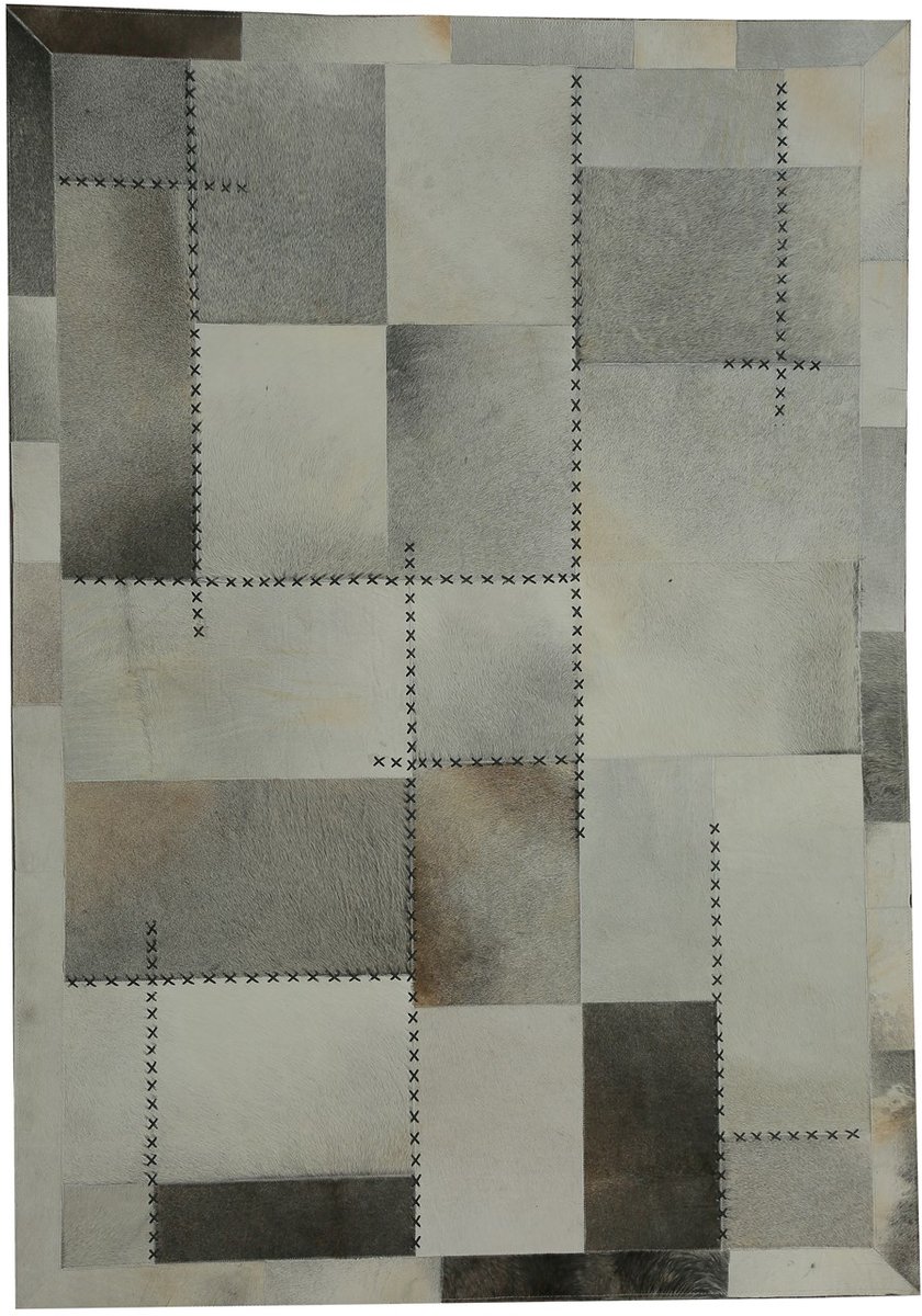 Padiro laagpolig vloerkleed 160 x 230 cm - grijs - geometrisch ruit- en blokpatroon - patchwork - geschikt voor vloerverwarming - van leer