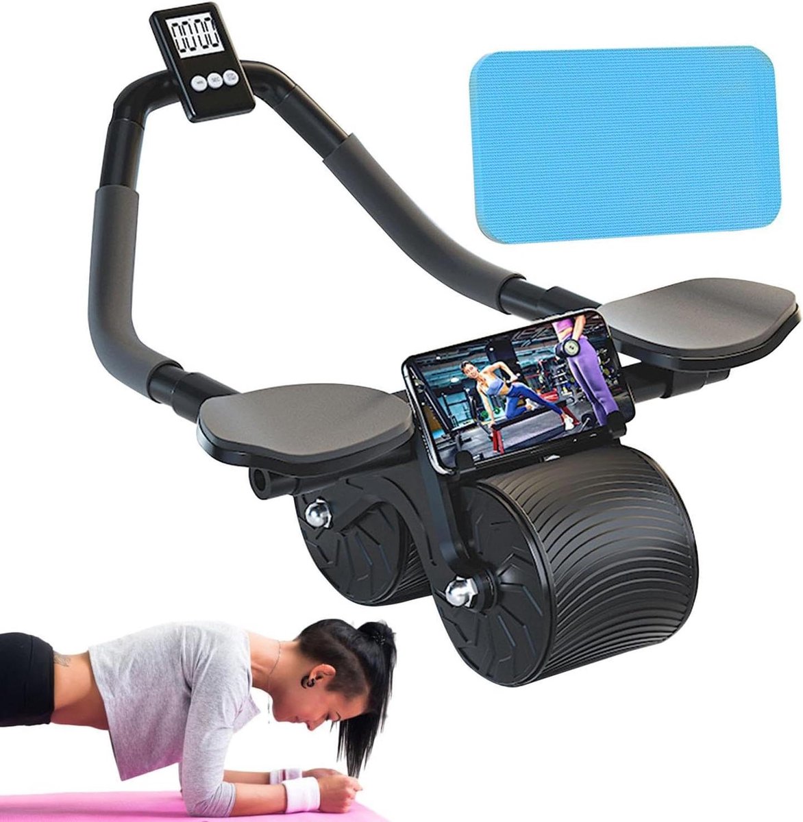 Buikwiel met Timer - Ab Roller Trainingswiel - Core Training - Automatische Rebound - 25 x 33 cm - Zwart