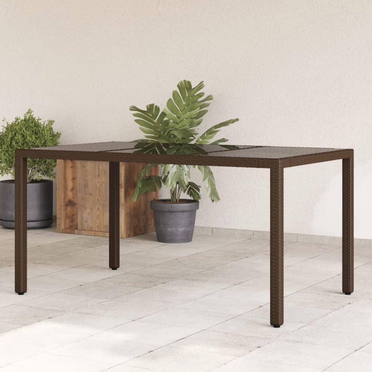 Tuintafel met glasplaat - Eettafel buiten - Buiten dineren - Gehard glazen blad - 150x90x75 cm - Bruin