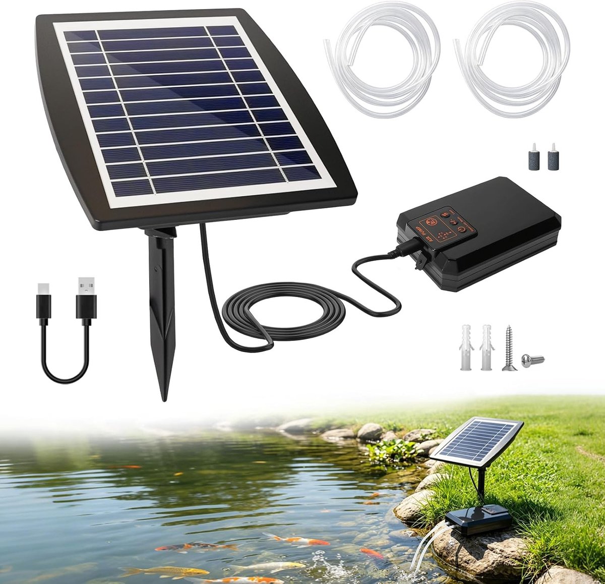 Zonne Energie Zuurstofpomp - Zwart - 3W - Voor Vijvers en Aquaria - Voor Tuin en Buitenzwembad