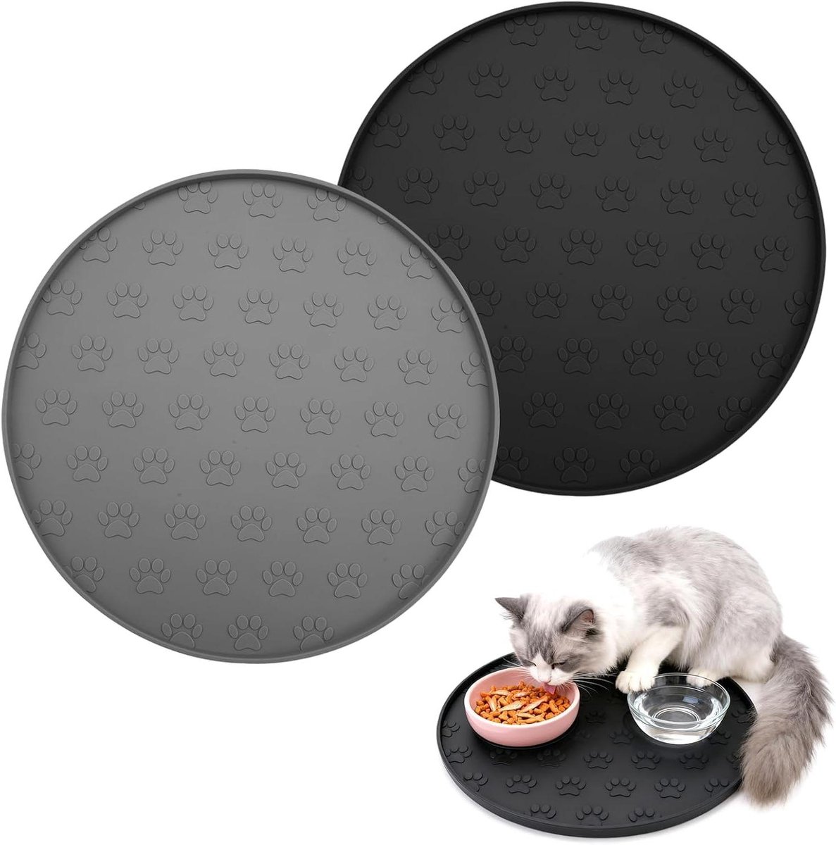 Voerbakmat Hond - Kattenonderlegger Siliconen Mat - Hygiënisch Voeren - Antislip Pootstructuur - 2 stuks - Grijs