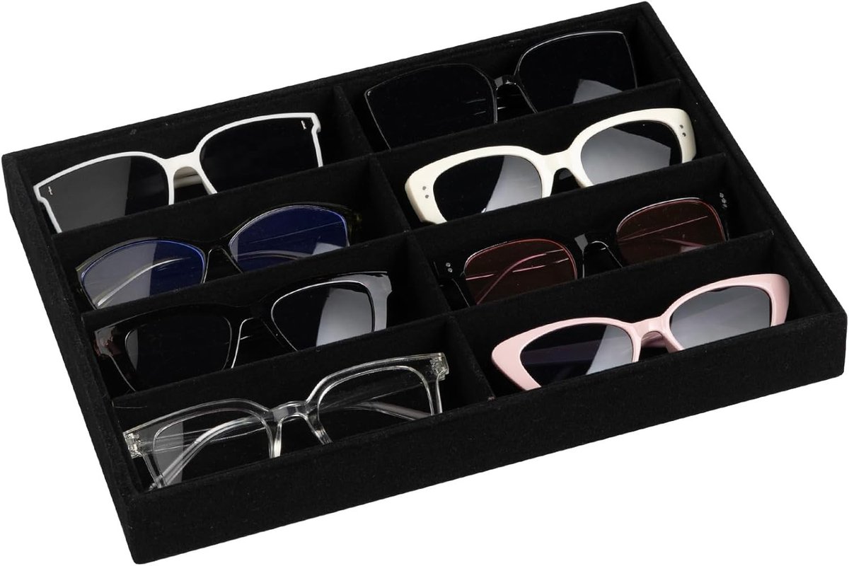 Elegante Velvet Organizer en Display Tray met Duidelijk Deksel - Opbergdoos voor Brillen, Zonnebrillen en Horloges - Zwart, Zonder Deksel