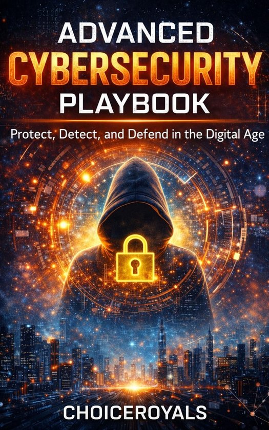 La couverture du 'Advanced Cybersecurity Playbook' présente une silhouette à capuche avec un cadenas sur la poitrine, entourée d'un cercle cybernétique lumineux au-dessus d'un paysage urbain.