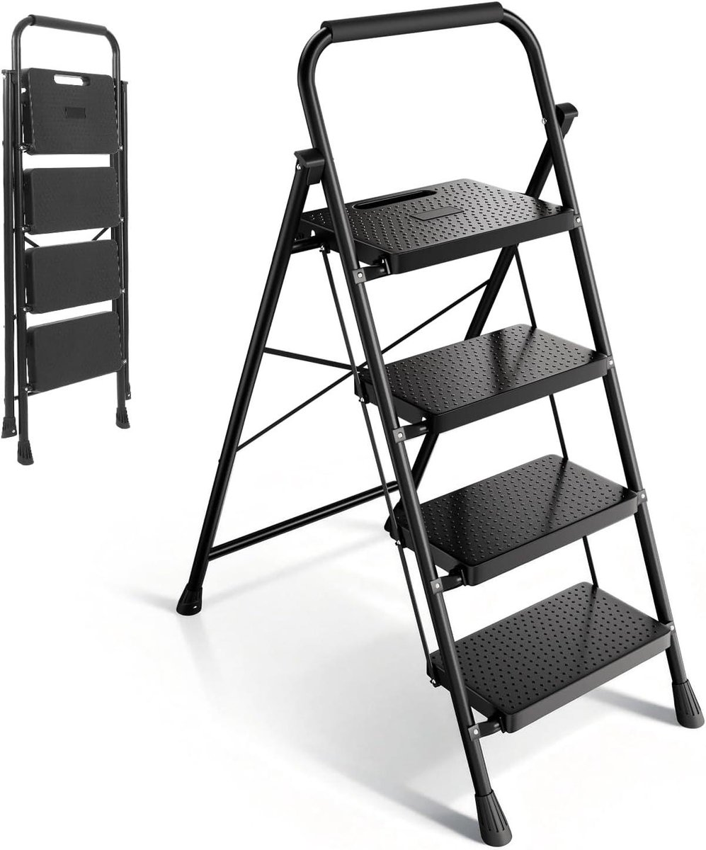Huishoudladder 4 Treden - Vouwtrap Keukenladder - Klusjes in Huis - TÜV SGS Gecertificeerd - 150 kg Belastbaar - Zwart