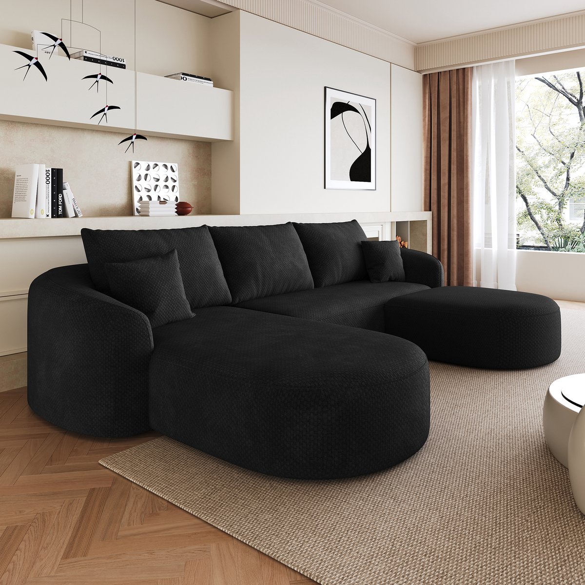 Wishdor U-bank 5-zits - Modulair - Zonder montage - Chenille stof - Zwart - 266 cm - Voor woonkamer en slaapkamer